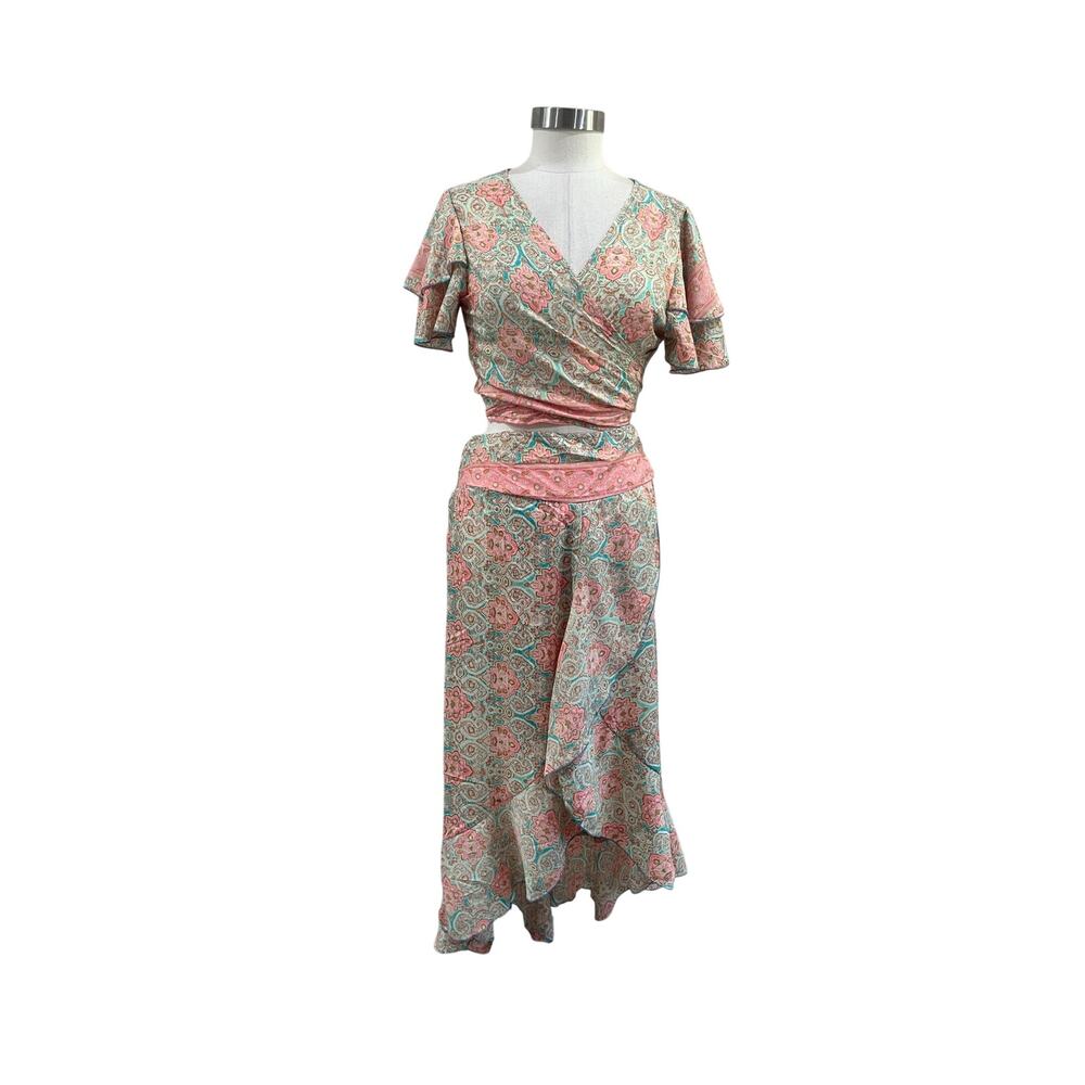 India Boutique Silk Blend Wrap Top Skirt Set Boho Festival Cottagecore Free Size